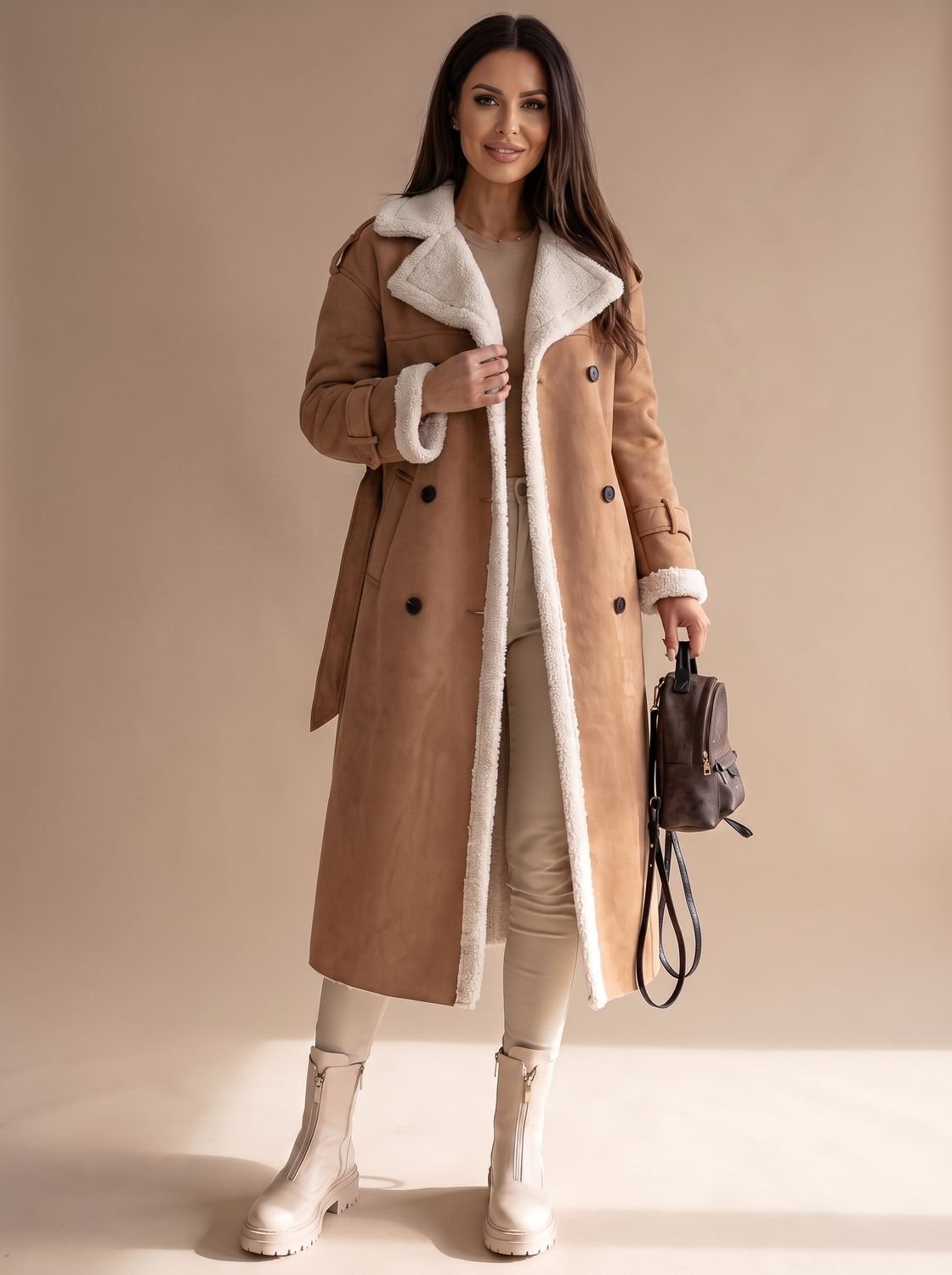 Women's Teddy Fleece Lined Faux Leather Wrap Coat