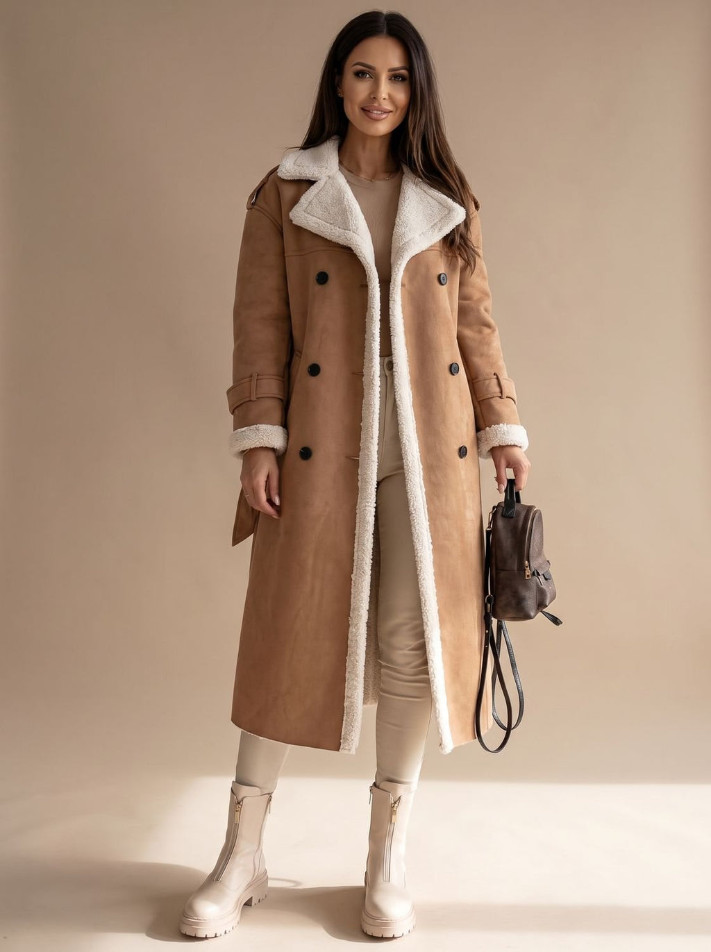 Women's Teddy Fleece Lined Faux Leather Wrap Coat