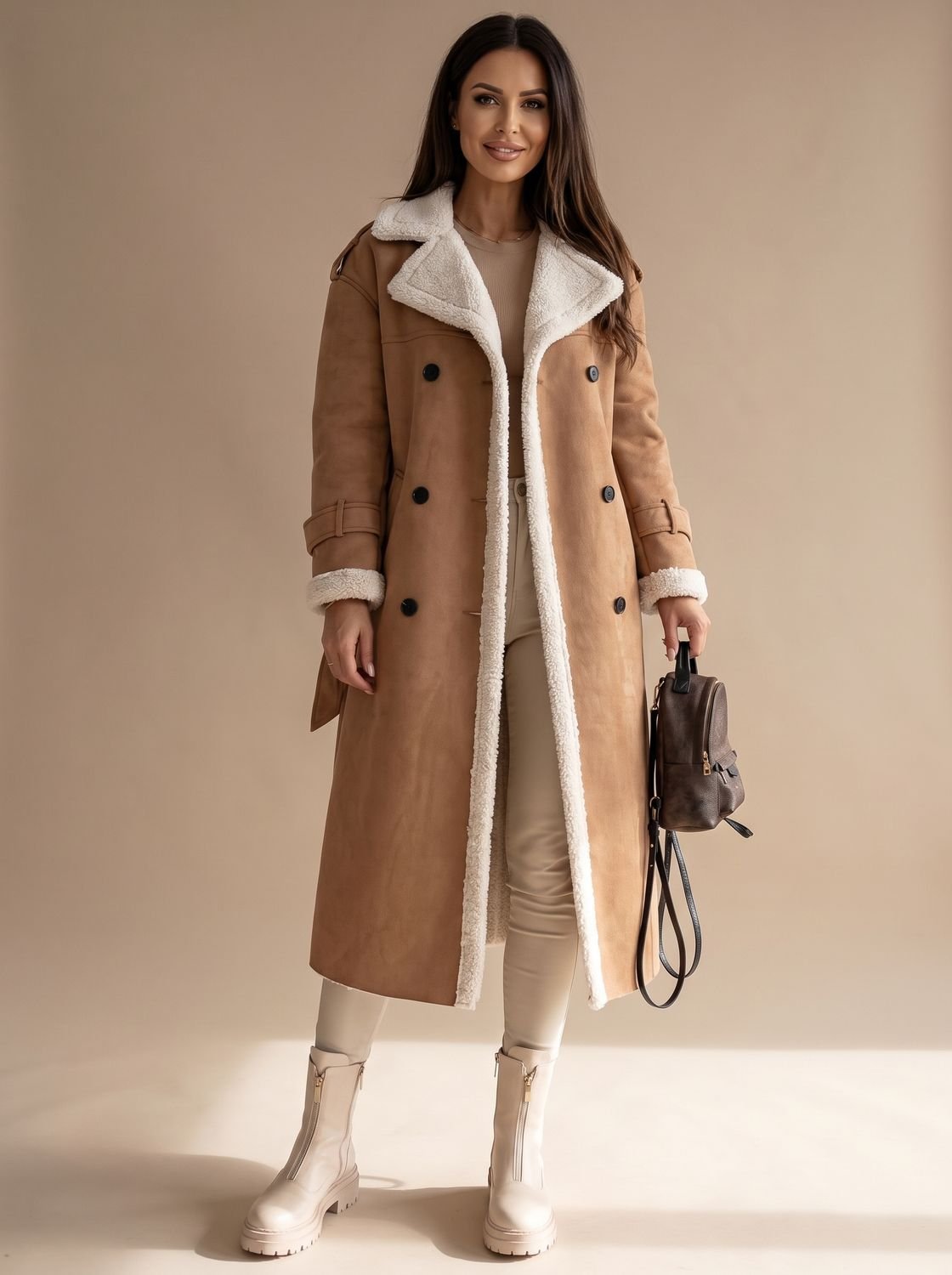 Women's Teddy Fleece Lined Faux Leather Wrap Coat