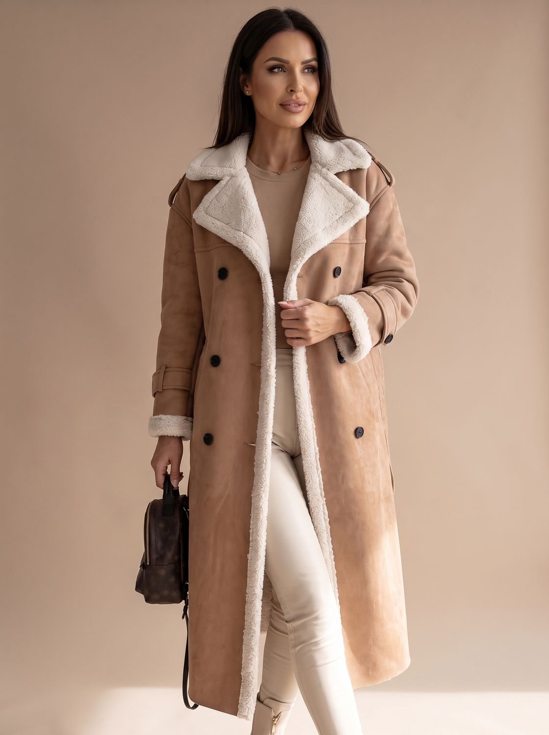 Women's Teddy Fleece Lined Faux Leather Wrap Coat