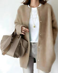 Women's Hip-Length Relaxed Crew Neck Snap Cardigan - Beige