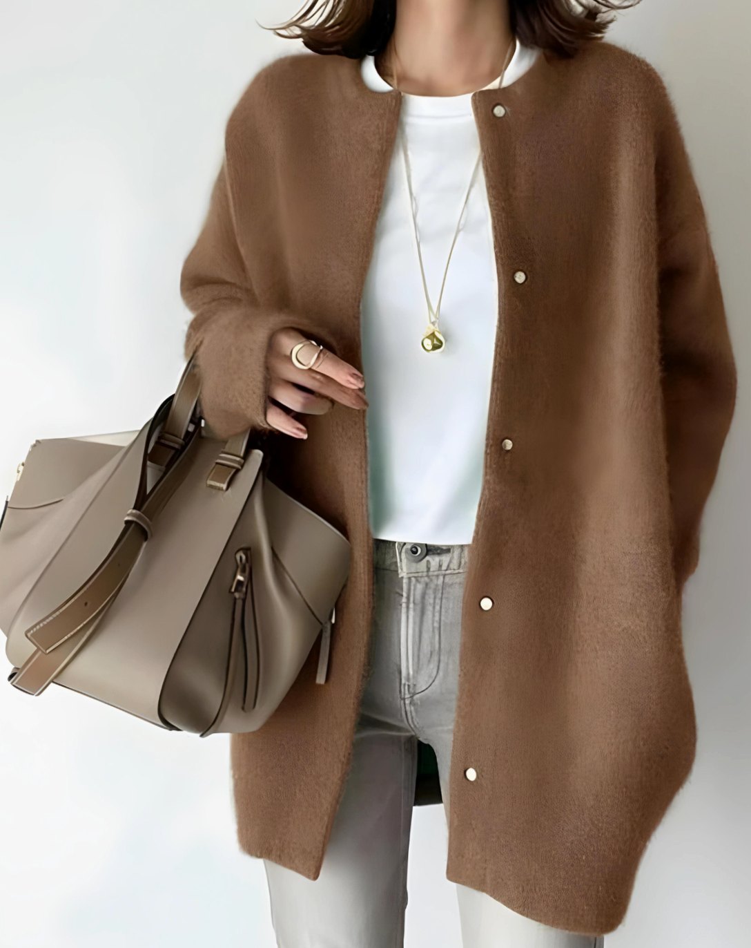 Women's Hip-Length Relaxed Crew Neck Snap Cardigan - Brown