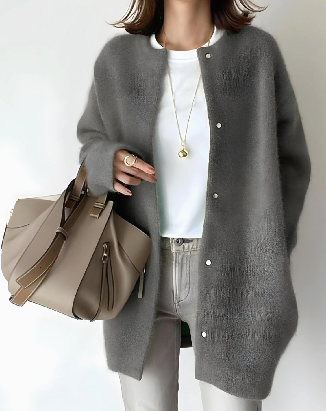 Women's Hip-Length Relaxed Crew Neck Snap Cardigan - Grey