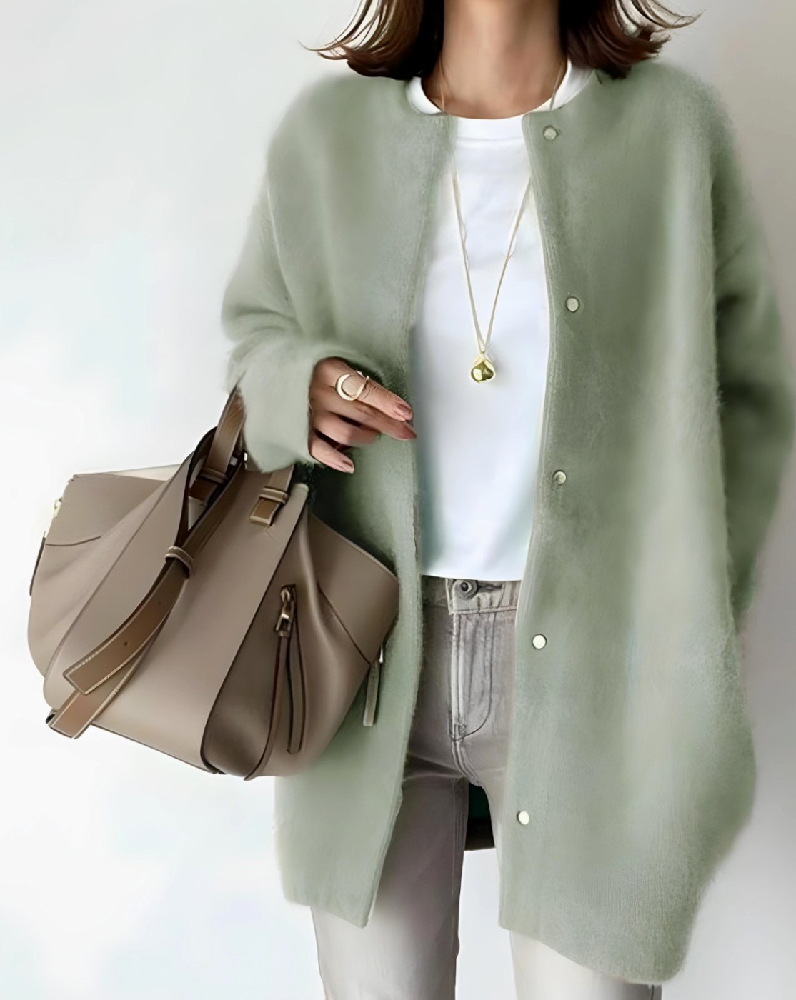 Women's Hip-Length Relaxed Crew Neck Snap Cardigan - Green