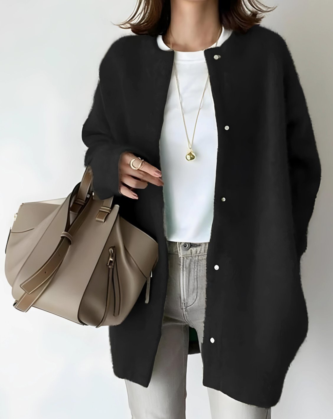 Women's Hip-Length Relaxed Crew Neck Snap Cardigan - Black