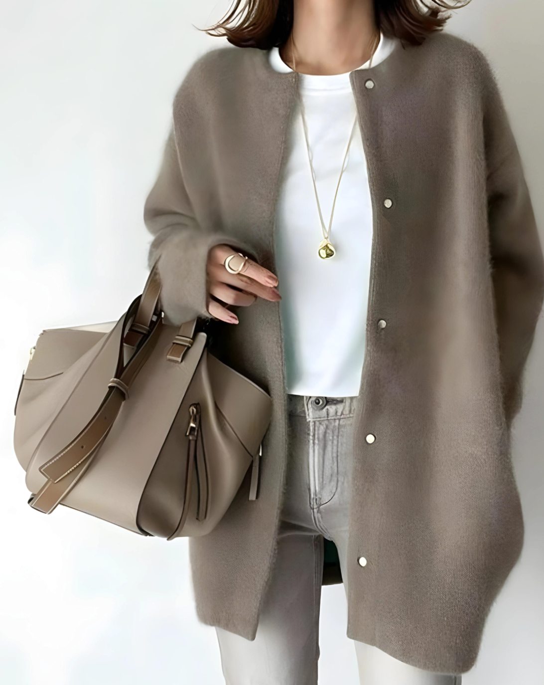 Women's Hip-Length Relaxed Crew Neck Snap Cardigan - Dark Brown