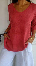 Women's Longline Loose Fit V-Neck Knit Tunic Top