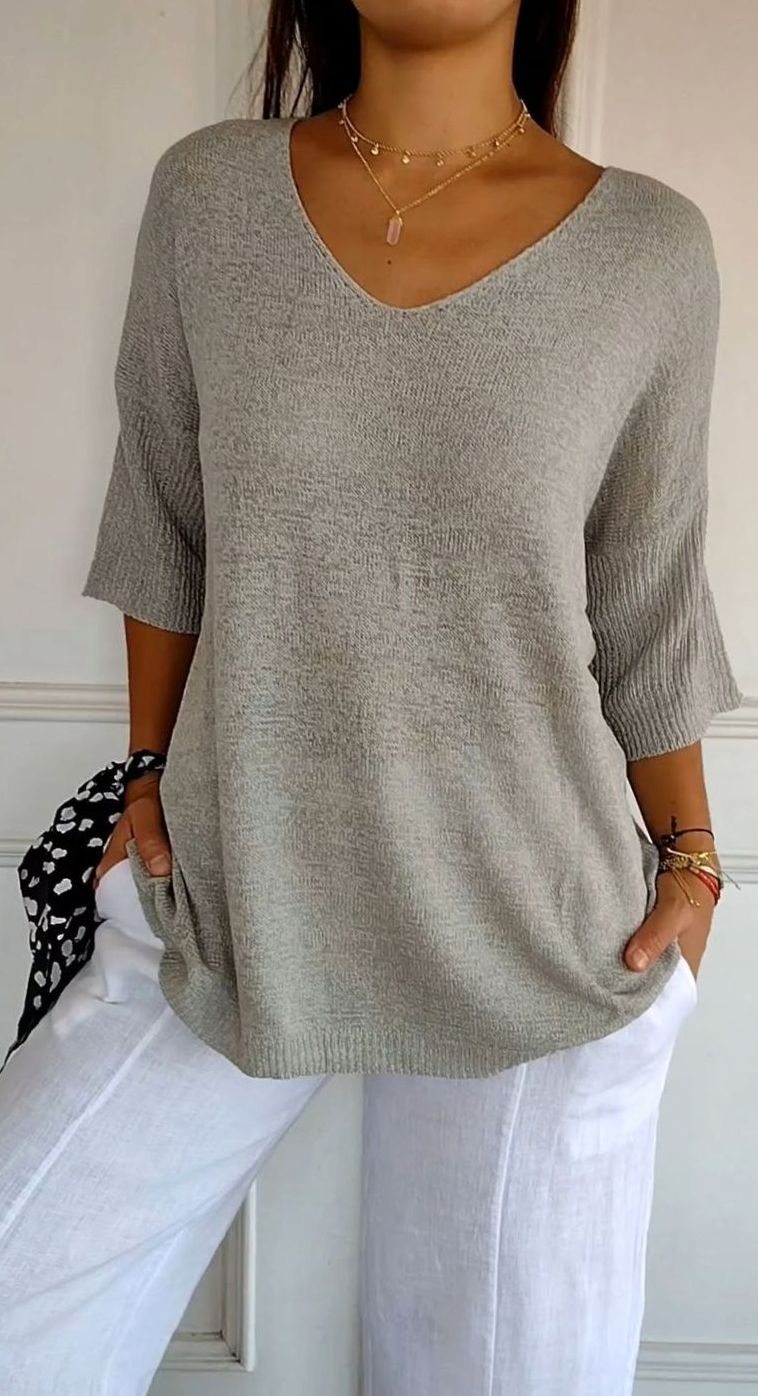 Women's Longline Loose Fit V-Neck Knit Tunic Top