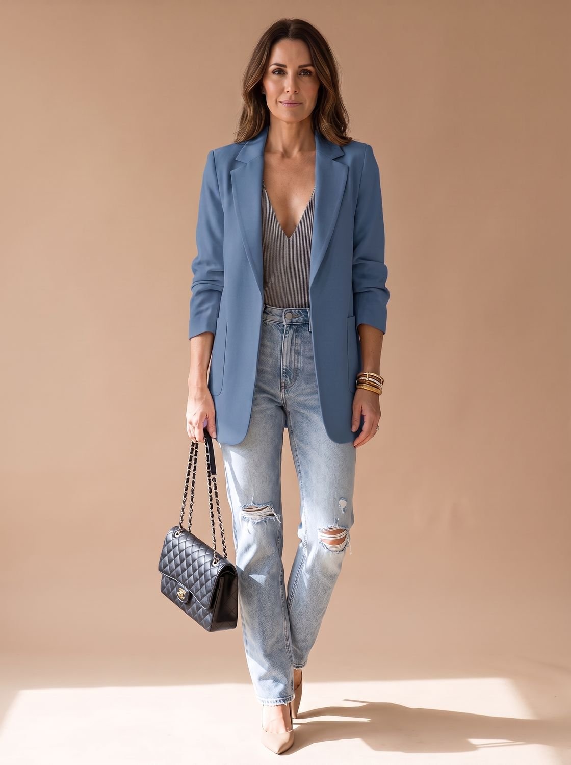 Women's Open-Front Lapel Mid-Length Casual Smart Blazer