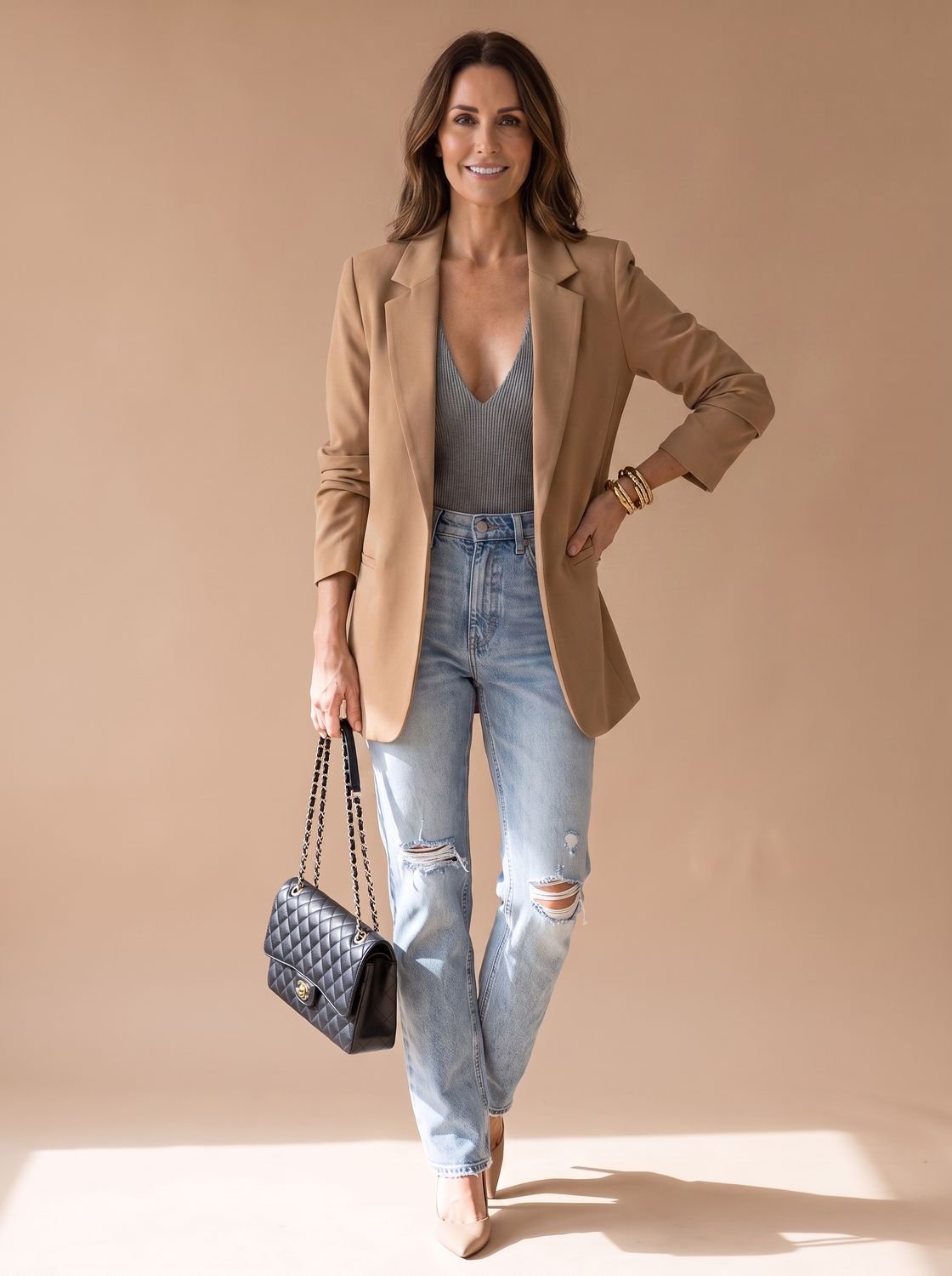 Women's Open-Front Lapel Mid-Length Casual Smart Blazer
