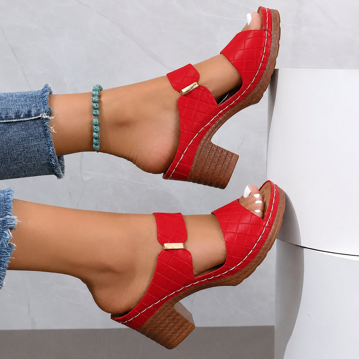 Women's Orthopedic Cushioned Block Heel Sandals in Red