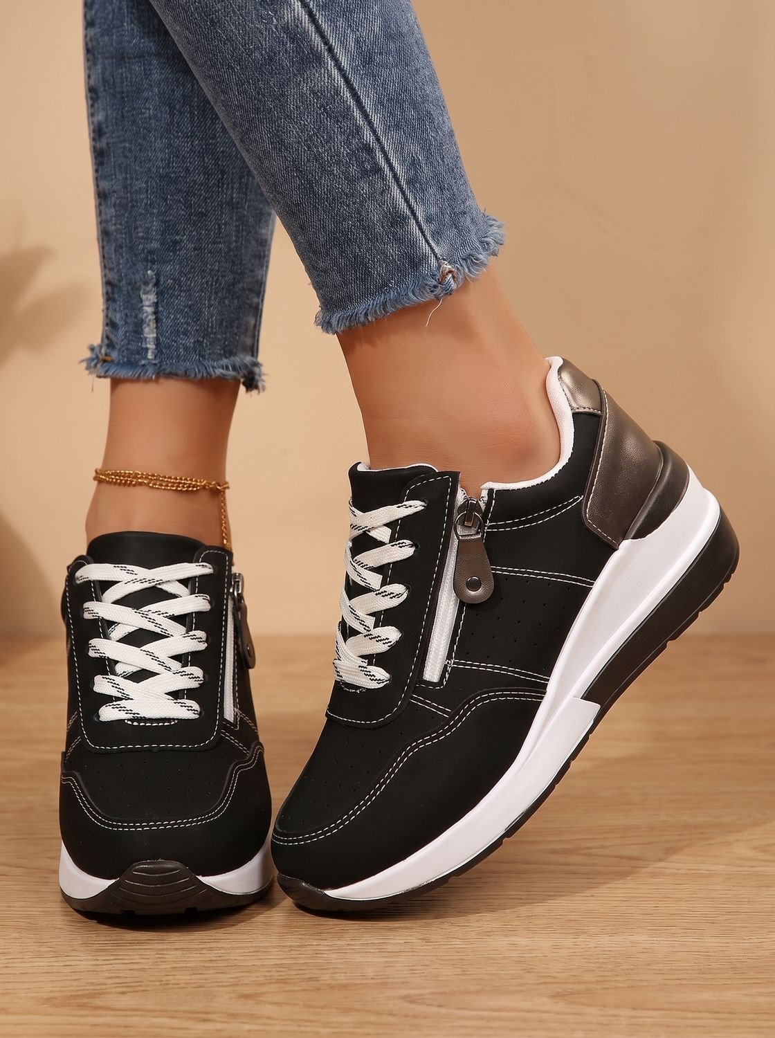 Women's Zip-Side Orthopedic Wedge Walking Trainers - Black