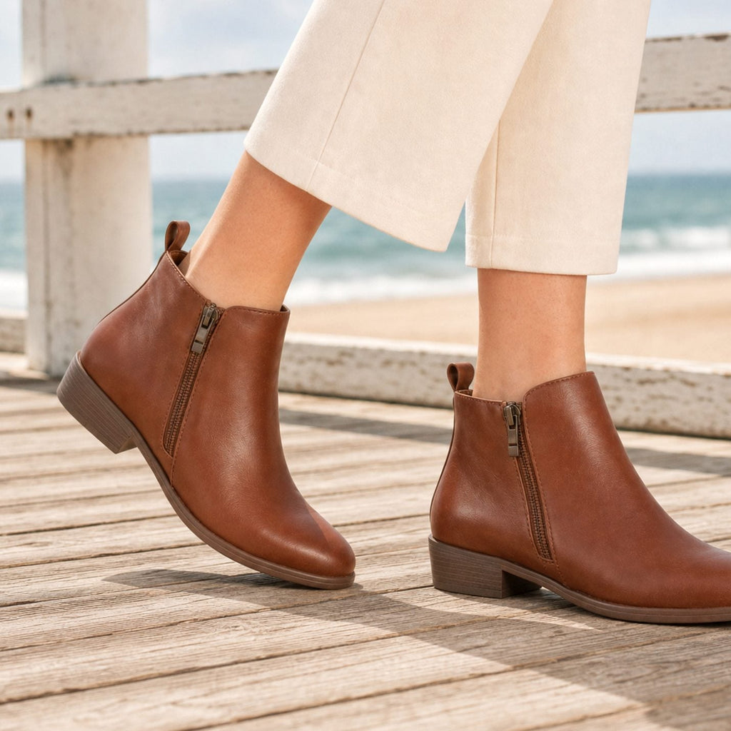 Women's Orthopedic Textured Ankle Boots with Low Heel - Brown