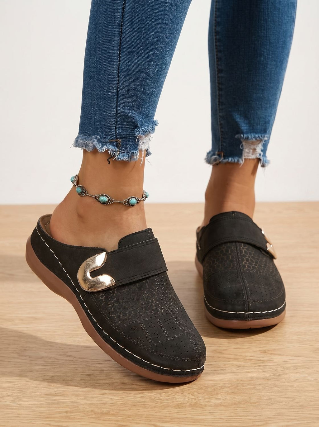 Women's Curved-Sole Slip-On Clogs with Buckle Strap - Black