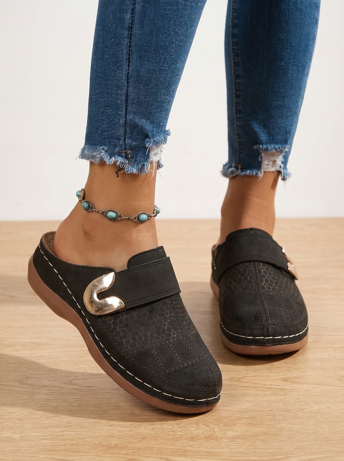 Women's Curved-Sole Slip-On Clogs with Buckle Strap - Black