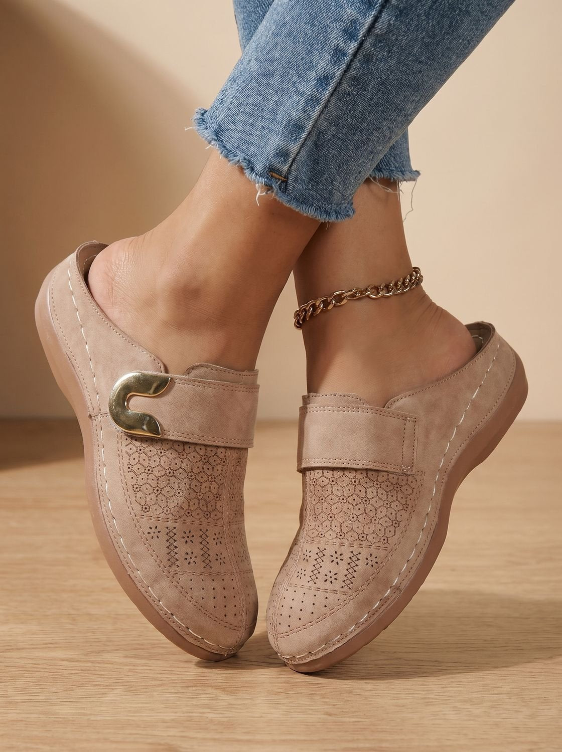 Women's Curved-Sole Slip-On Clogs with Buckle Strap