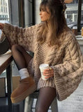 Women's Dropped Shoulder Oversized Cable-Knit Jumper - Khaki