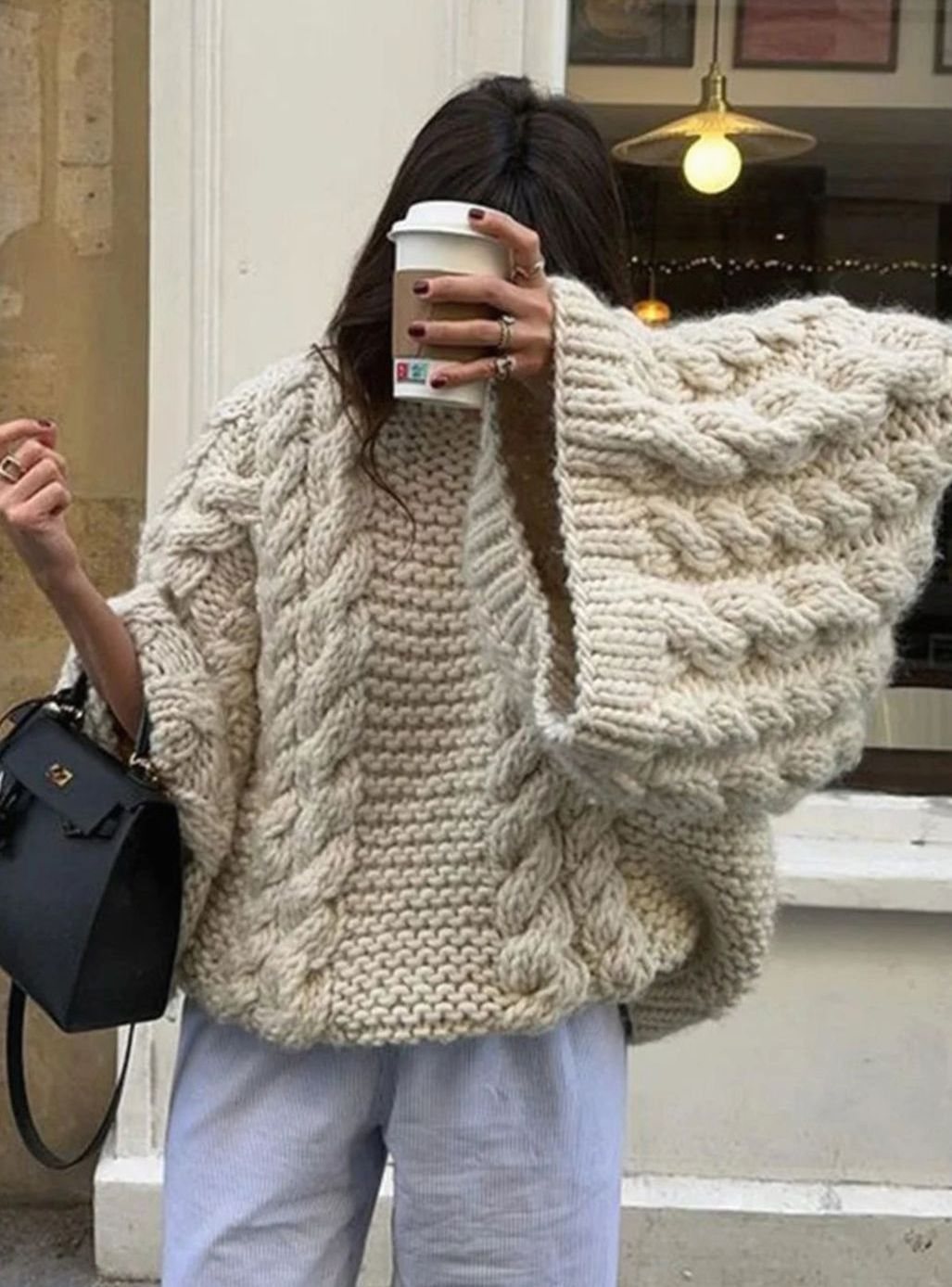 Women's Dropped Shoulder Oversized Cable-Knit Jumper - White
