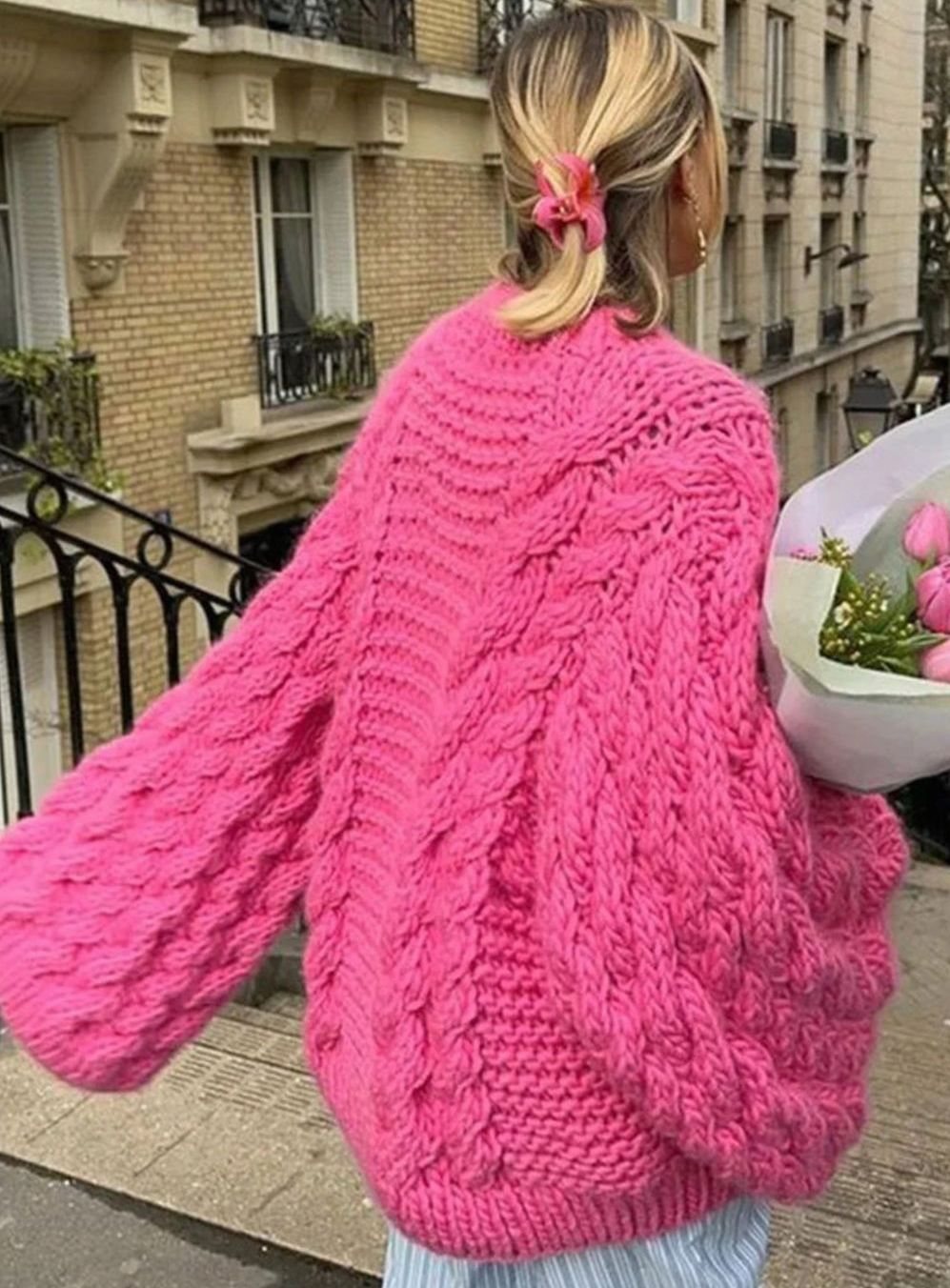 Women's Dropped Shoulder Oversized Cable-Knit Jumper - Pink
