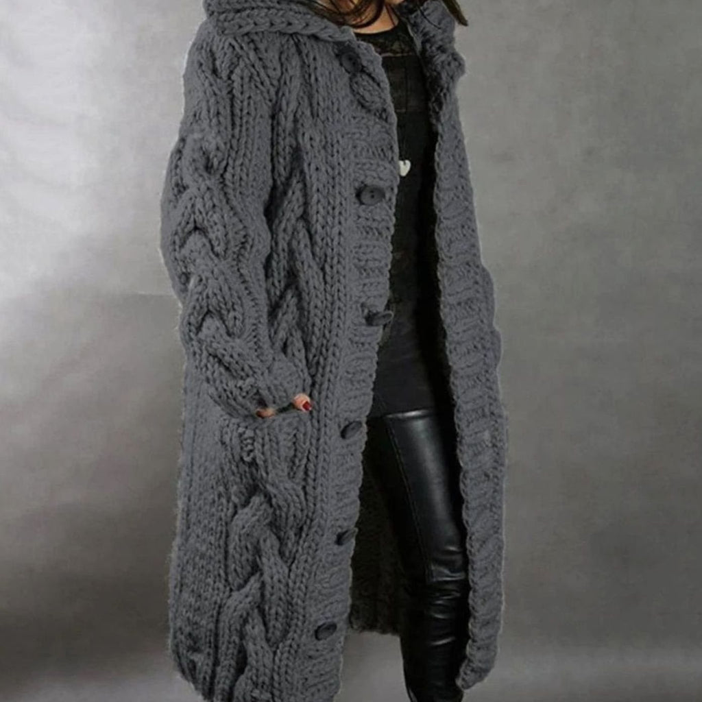 Women's Oversized Cable Knit Hooded Button Cardigan