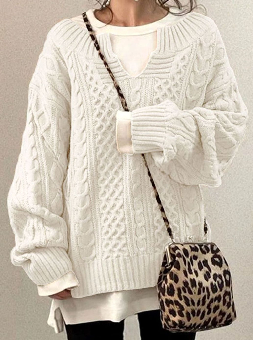 Women's Oversized Cable Knit Sweater V-Neck Pullover