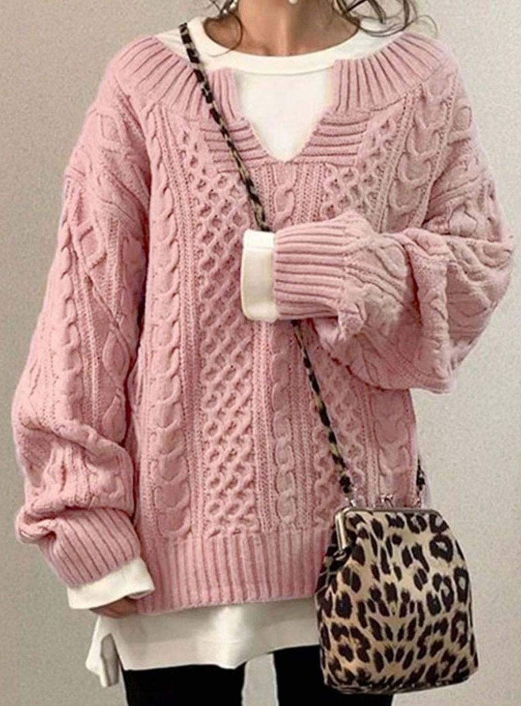 Women's Oversized Cable Knit Sweater V-Neck Pullover