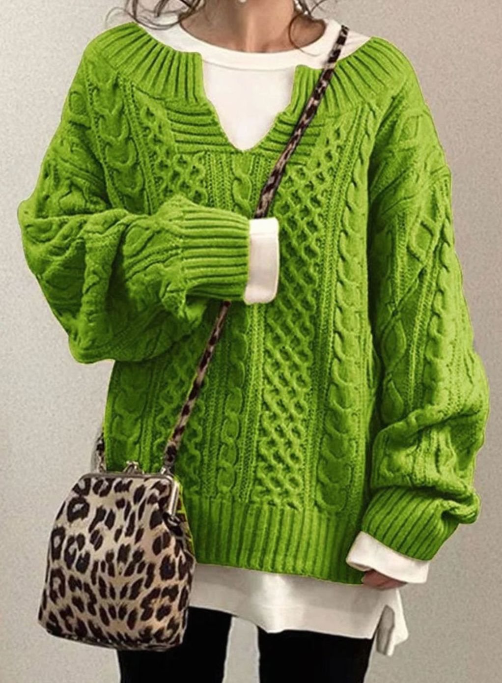 Women's Oversized Cable Knit Sweater V-Neck Pullover