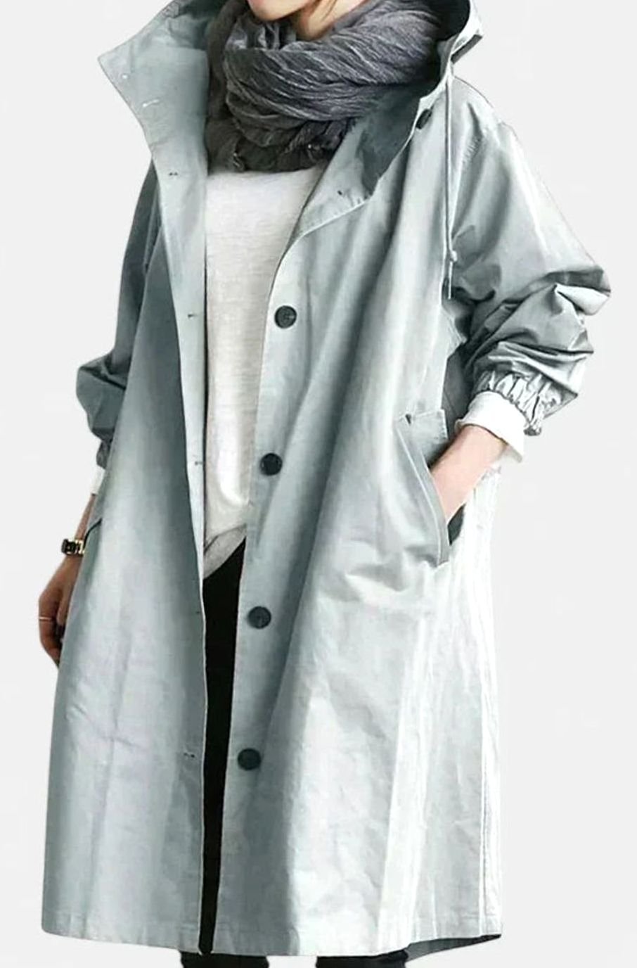 Women's Stand Collar Relaxed Trench With Hood and Deep Pockets