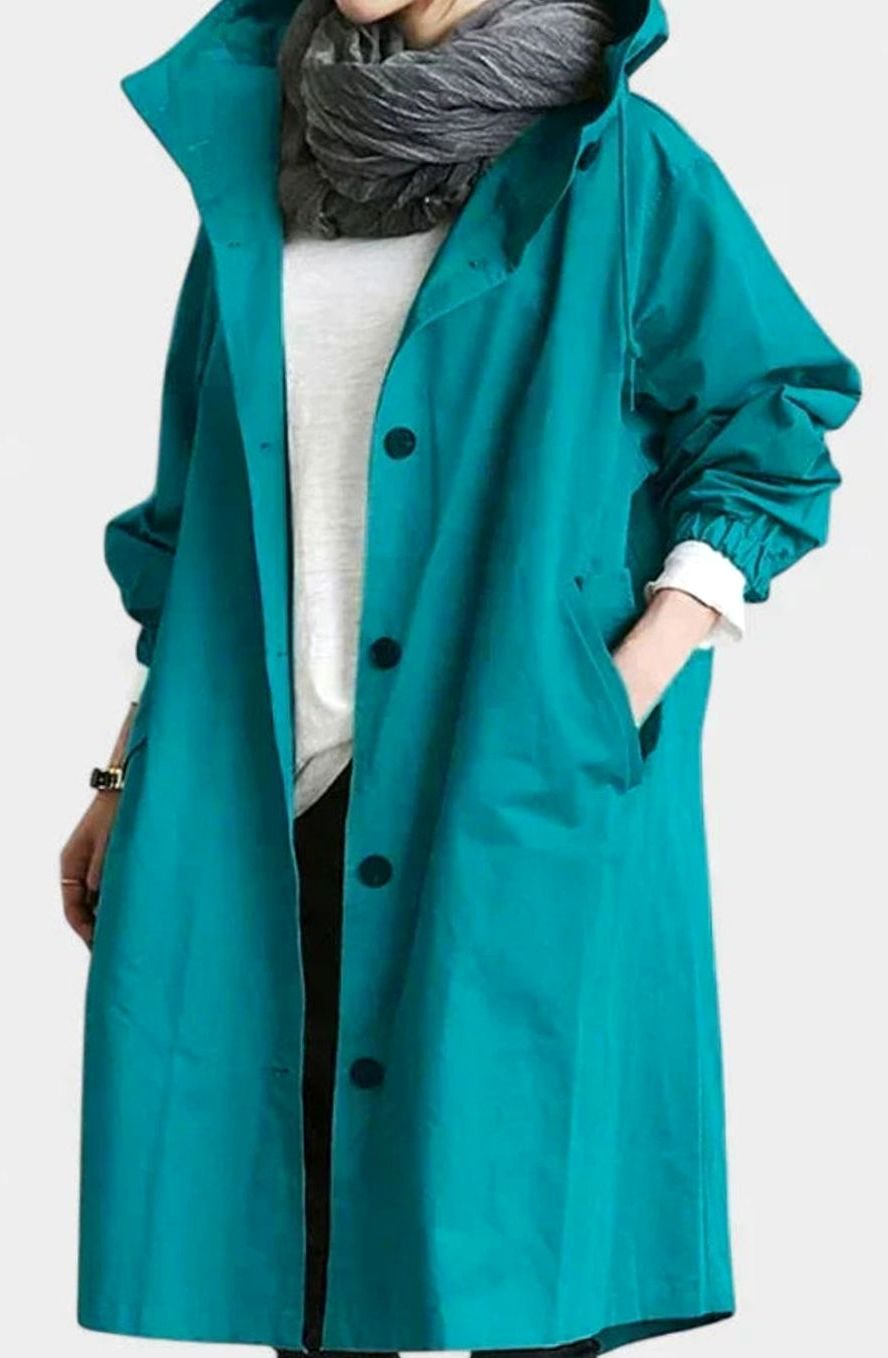 Women's Stand Collar Relaxed Trench With Hood and Deep Pockets - Light Blue