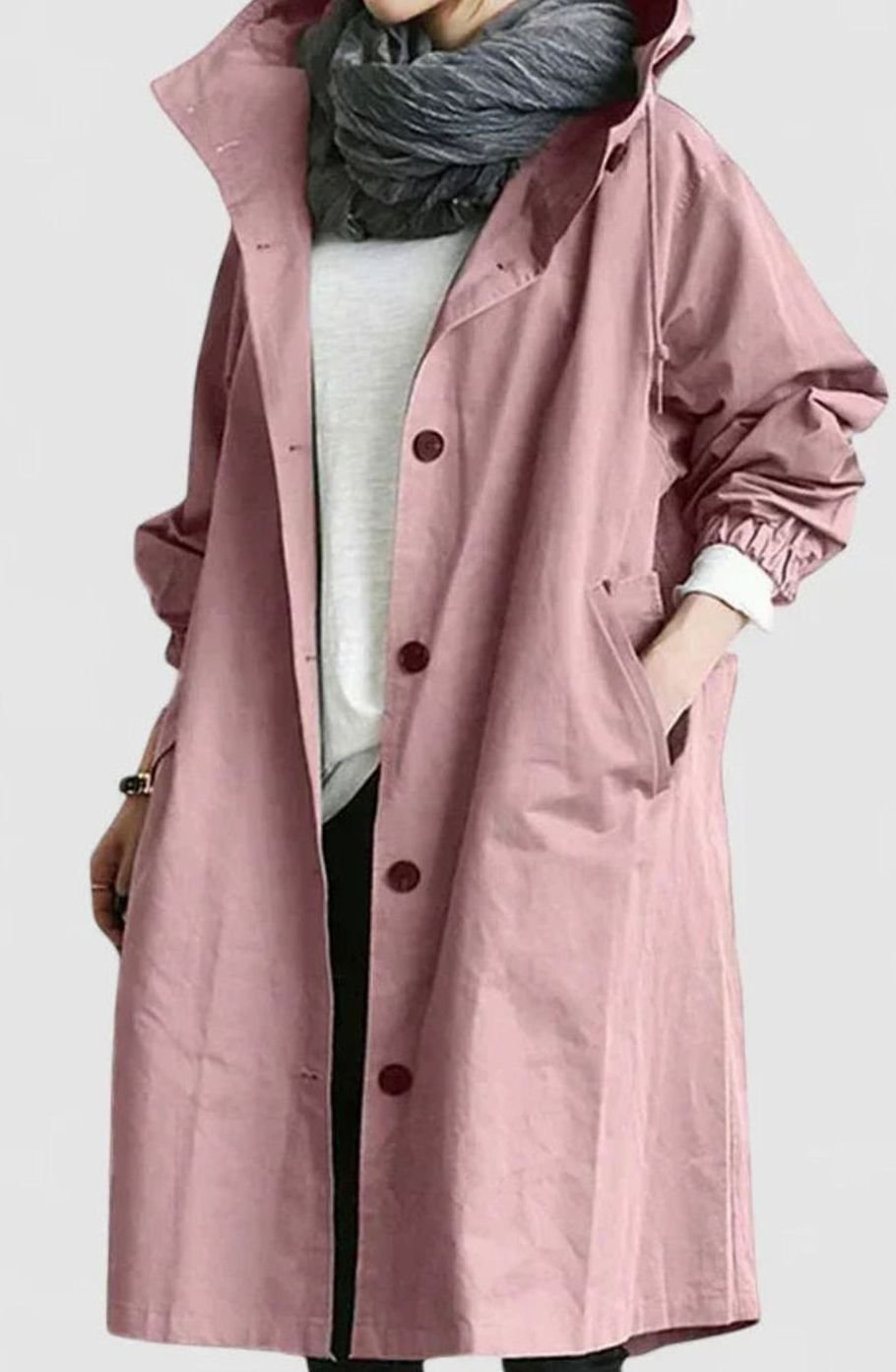 Women's Stand Collar Relaxed Trench With Hood and Deep Pockets - Pink
