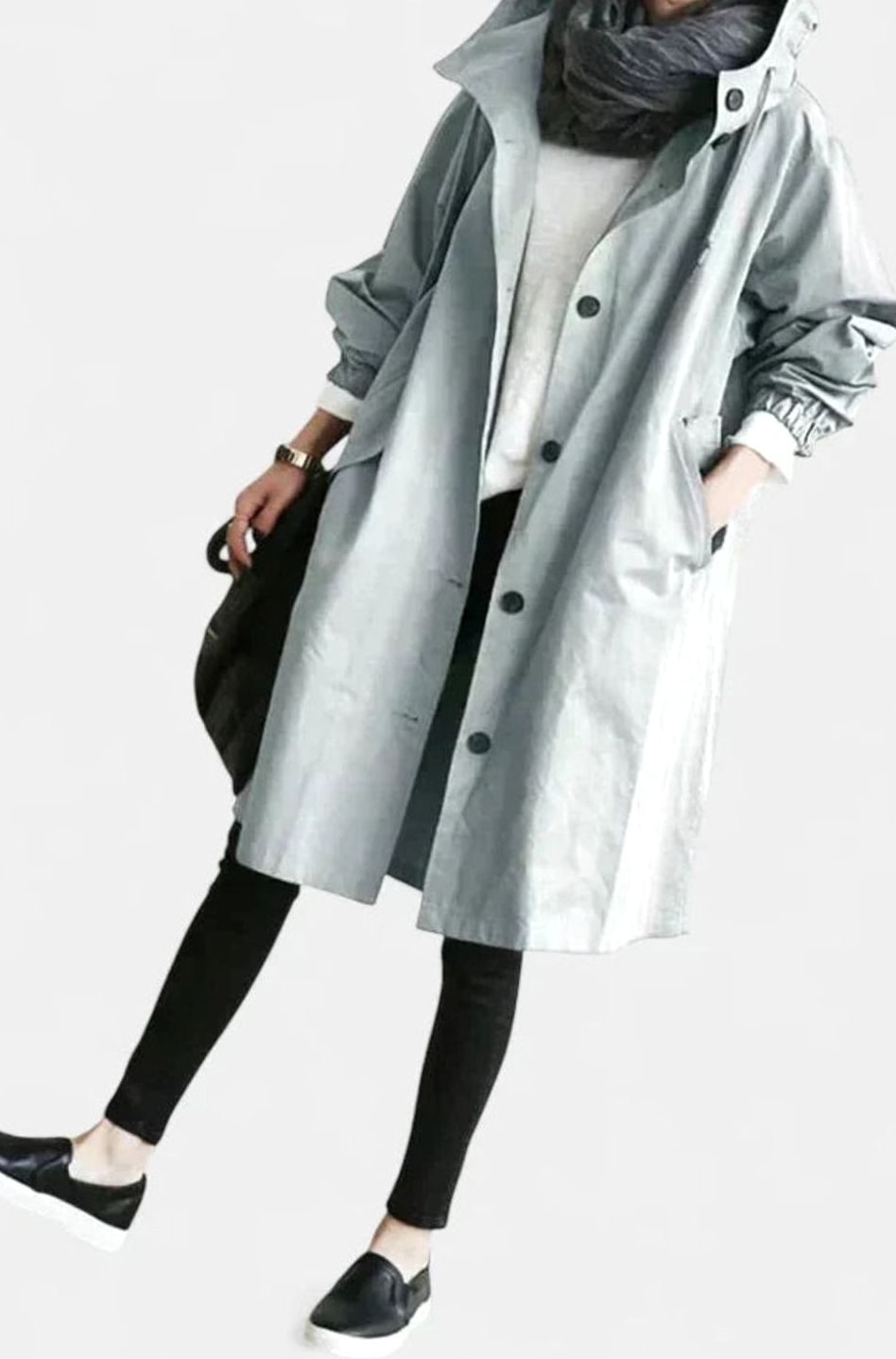 Women's Stand Collar Relaxed Trench With Hood and Deep Pockets - Grey