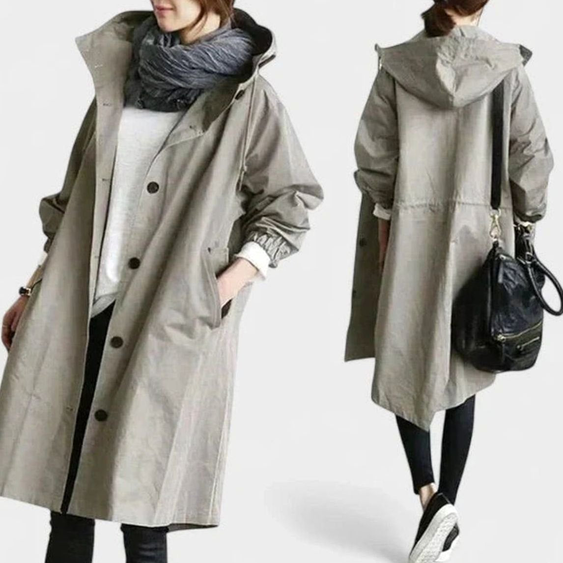 Women's Stand Collar Relaxed Trench With Hood and Deep Pockets - Light Grey