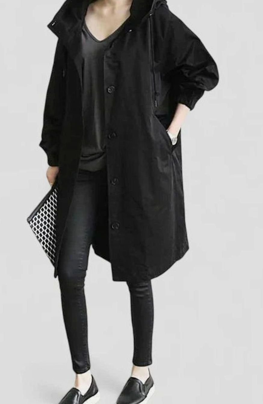 Women's Stand Collar Relaxed Trench With Hood and Deep Pockets - Black