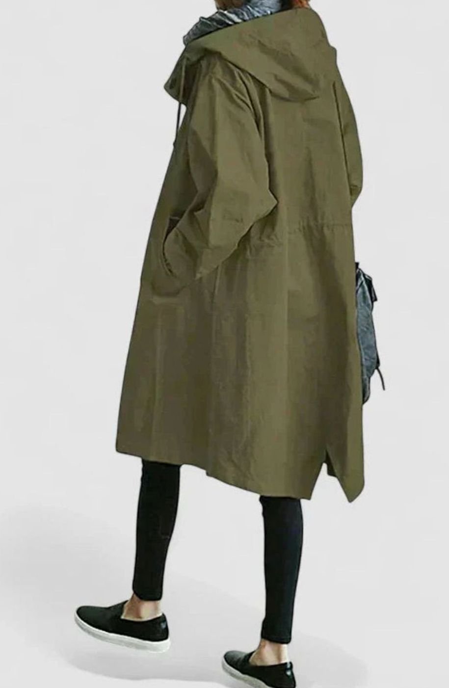 Women's Stand Collar Relaxed Trench With Hood and Deep Pockets - Army Green