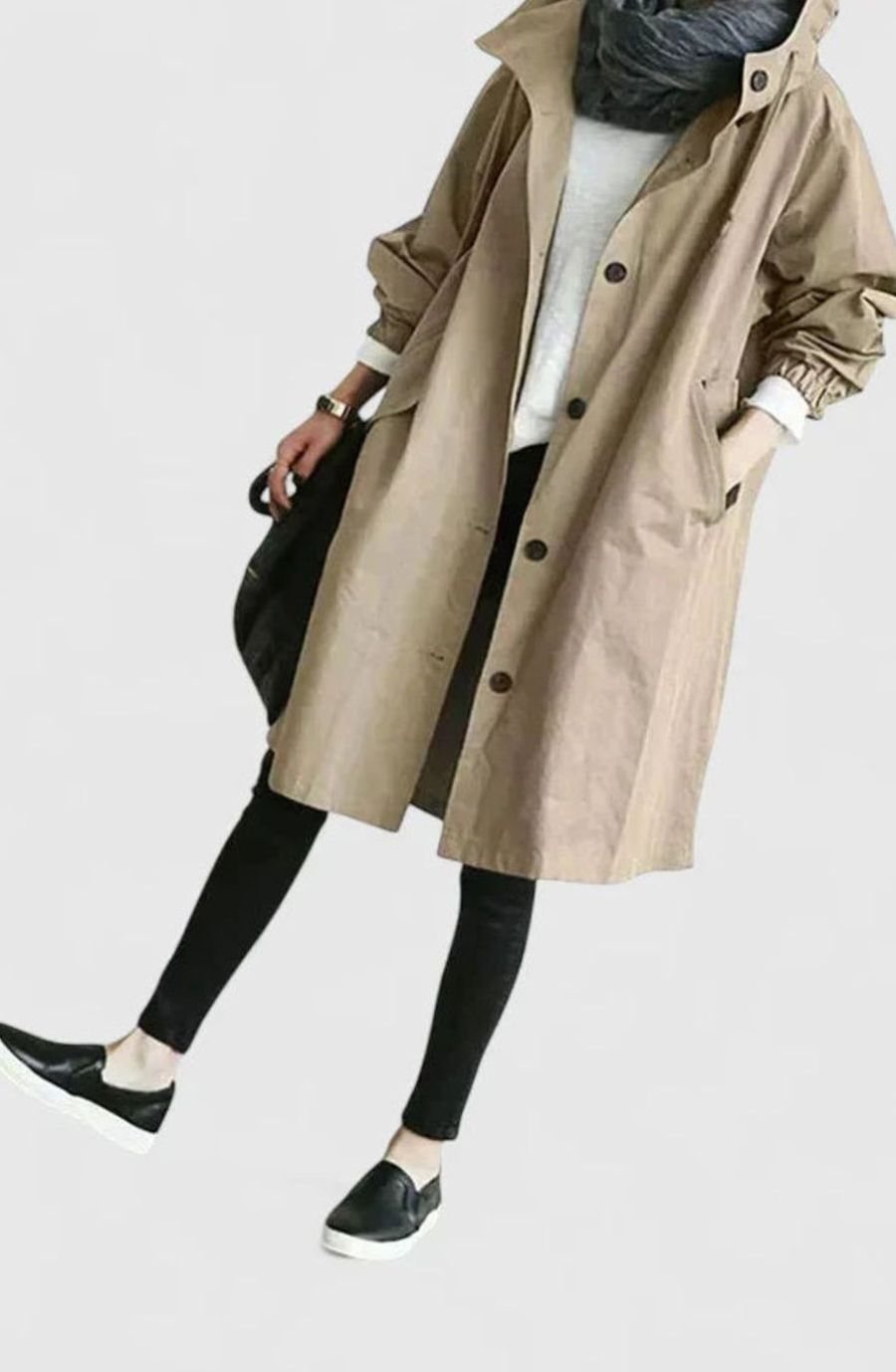 Women's Stand Collar Relaxed Trench With Hood and Deep Pockets - Beige