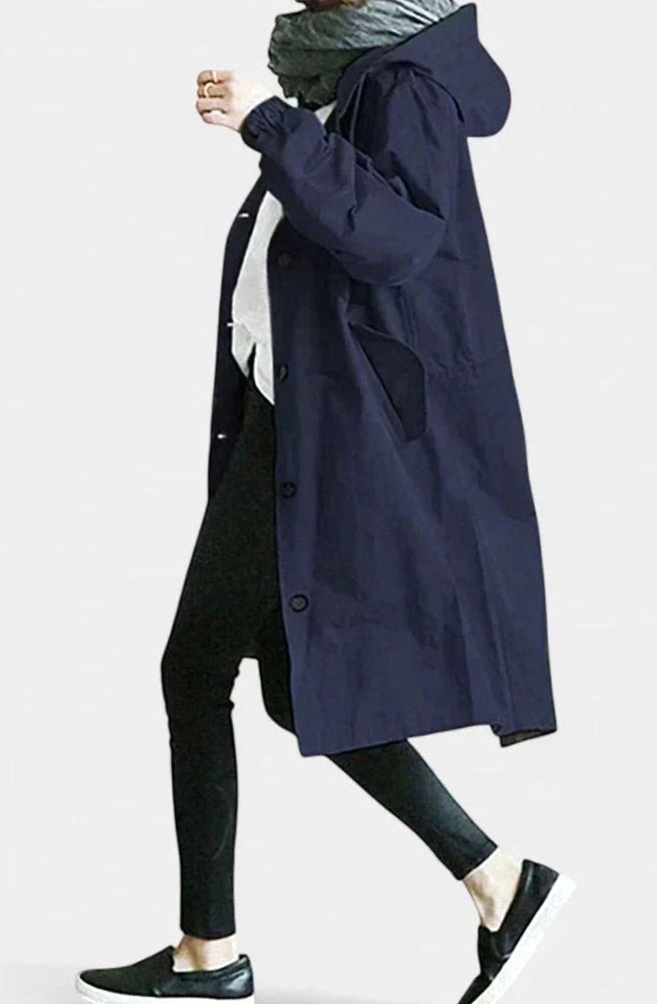 Women's Stand Collar Relaxed Trench With Hood and Deep Pockets - Navy Blue