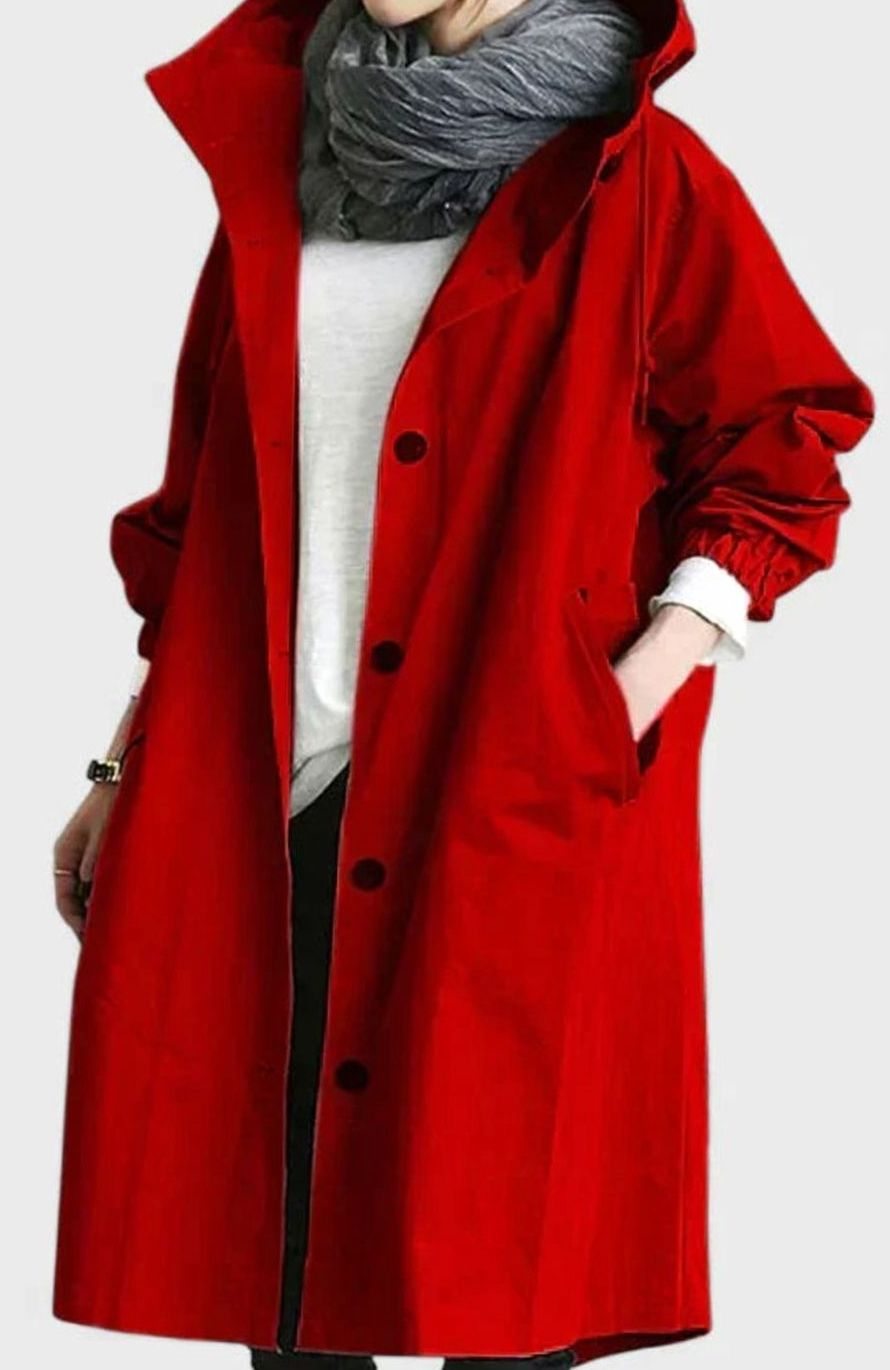 Women's Stand Collar Relaxed Trench With Hood and Deep Pockets - Red