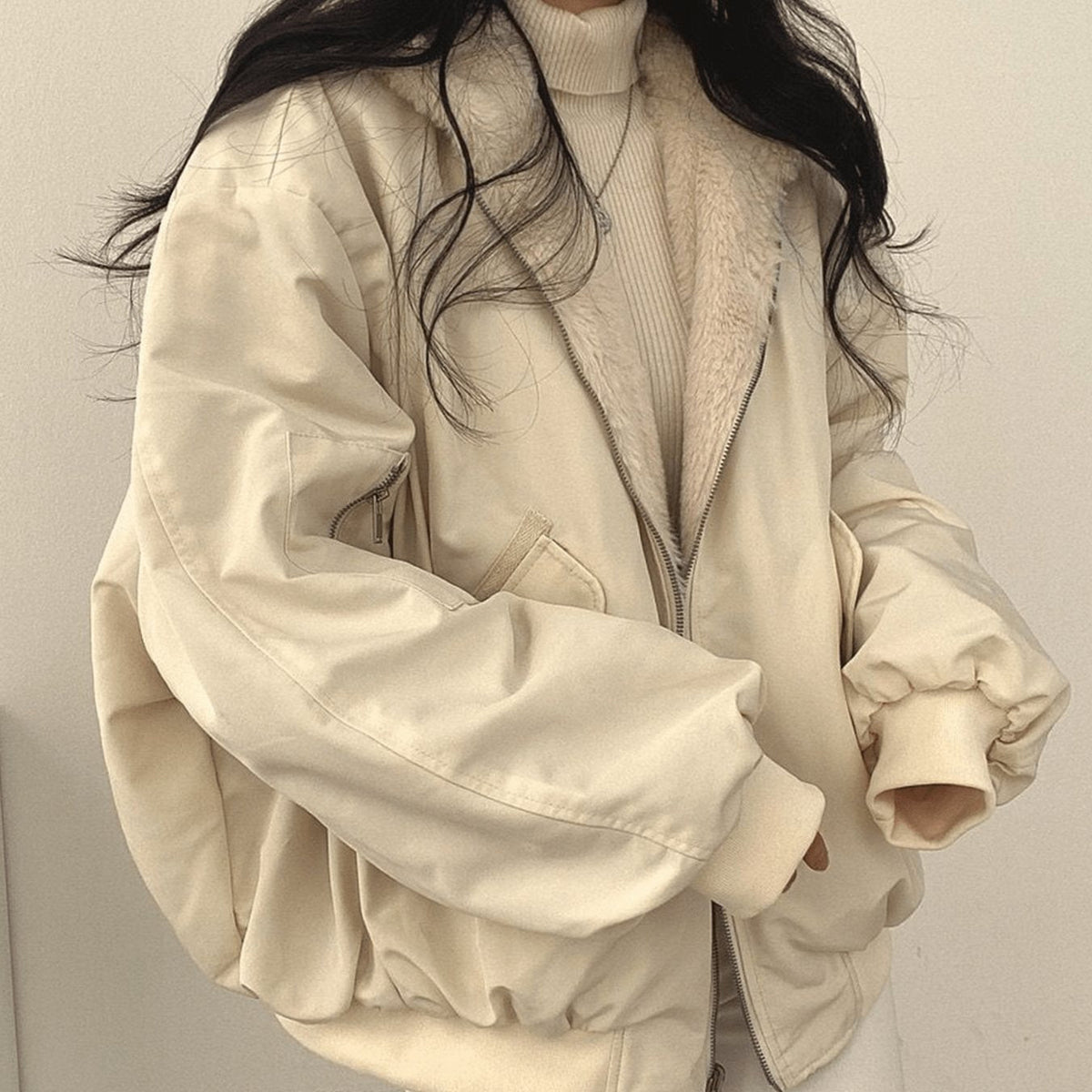 Women's Oversized Relaxed-Fit Fleece-Lined Zip-Up Winter Jacket