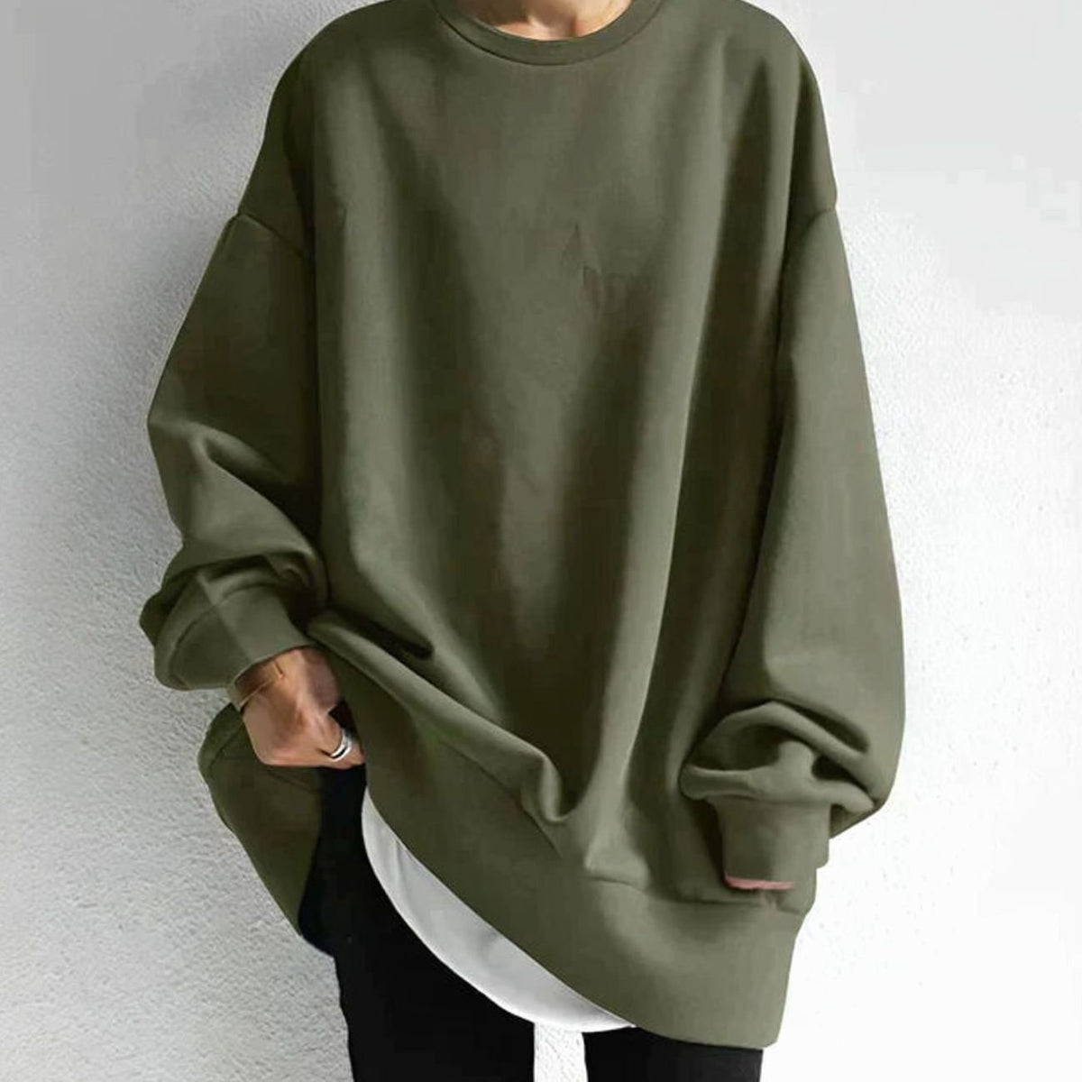 Women's Crew Neck Tunic Length Oversized Knit Jumper - Army Green