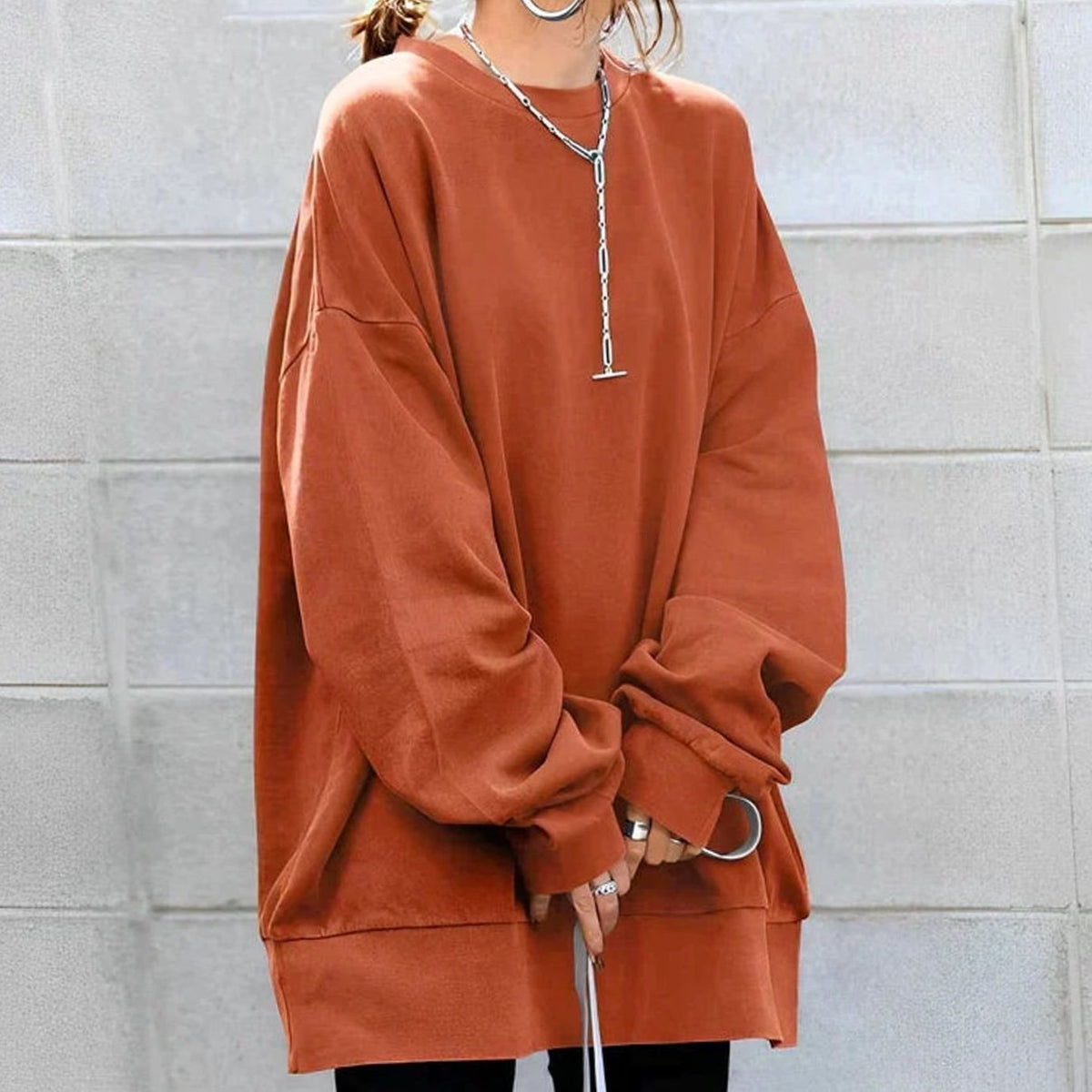 Women's Crew Neck Tunic Length Oversized Knit Jumper - Orange