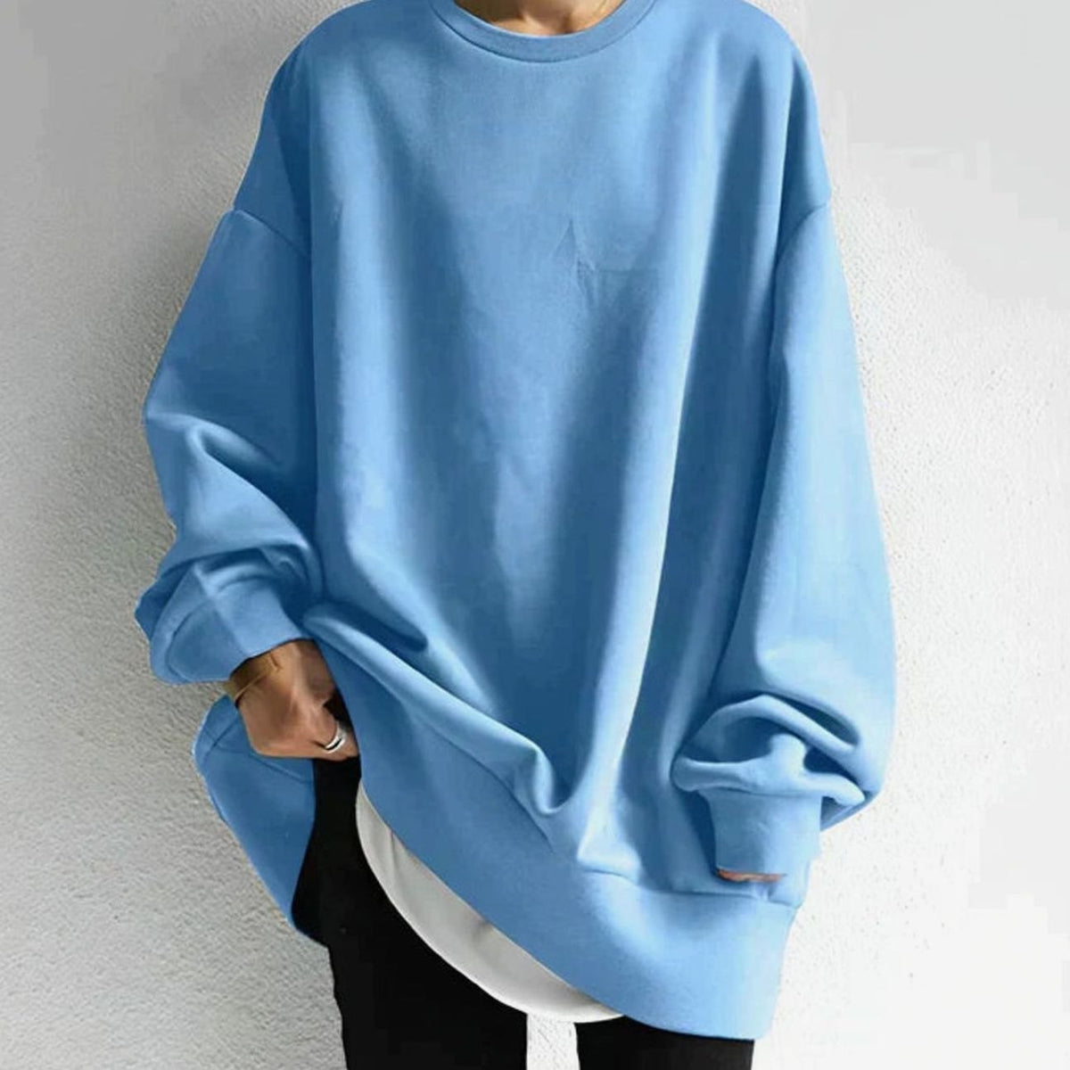 Women's Crew Neck Tunic Length Oversized Knit Jumper - Light Blue