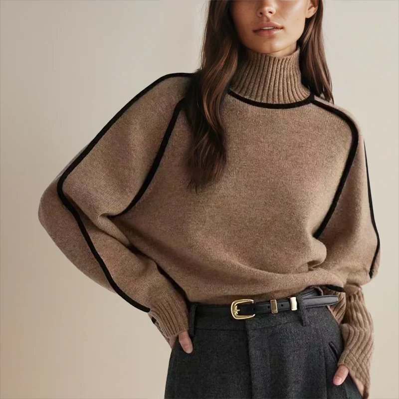 Women's Oversized Turtleneck Colourblock Knit Sweater