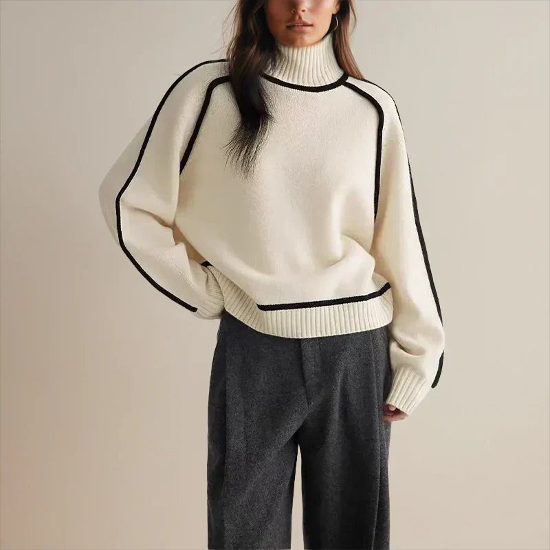 Women's Oversized Turtleneck Colourblock Knit Sweater