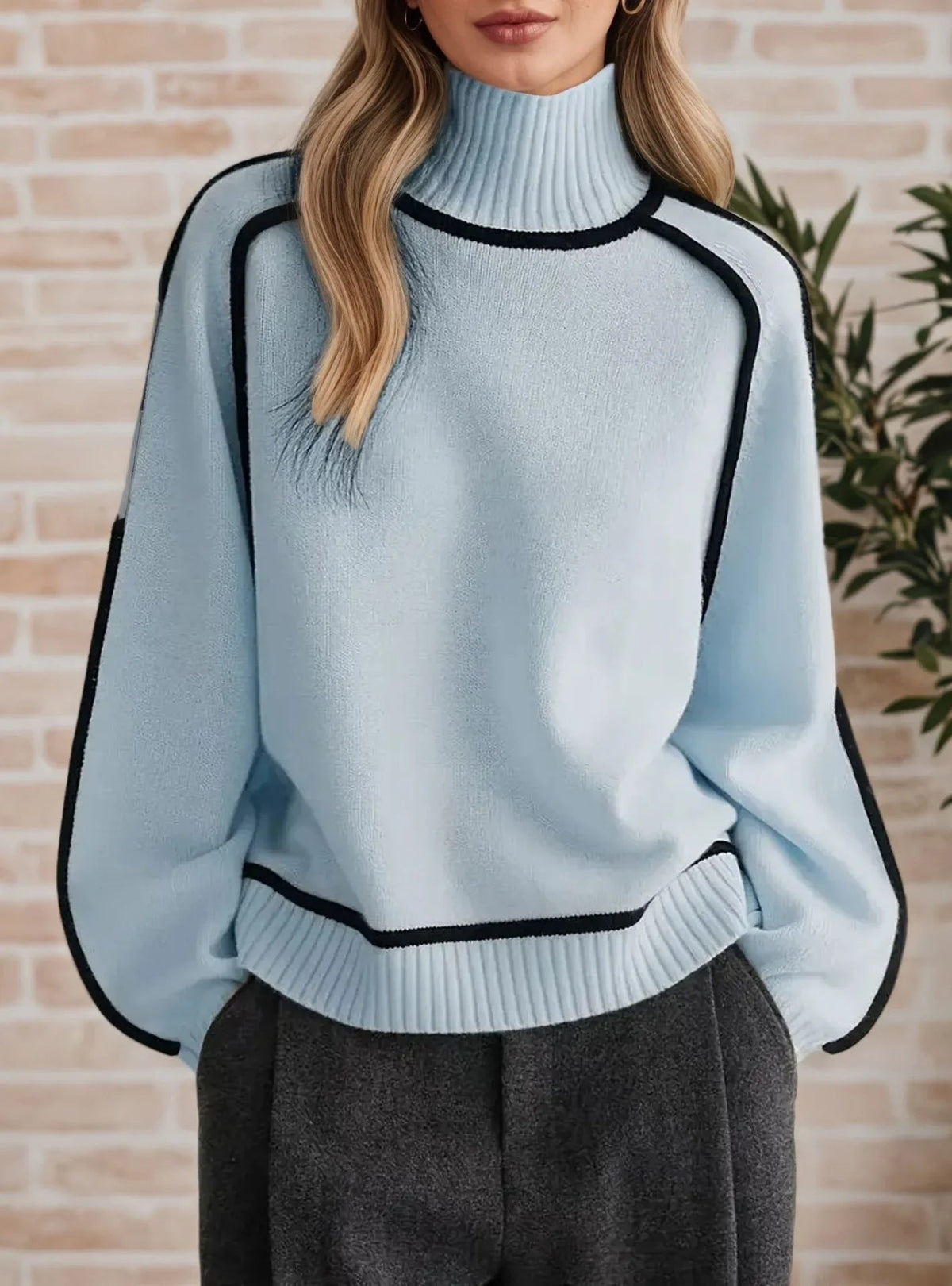 Women's Oversized Turtleneck Colourblock Knit Sweater