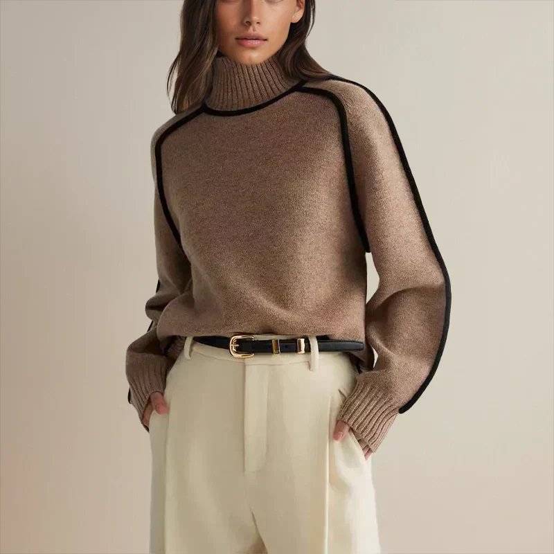 Women's Oversized Turtleneck Colourblock Knit Sweater