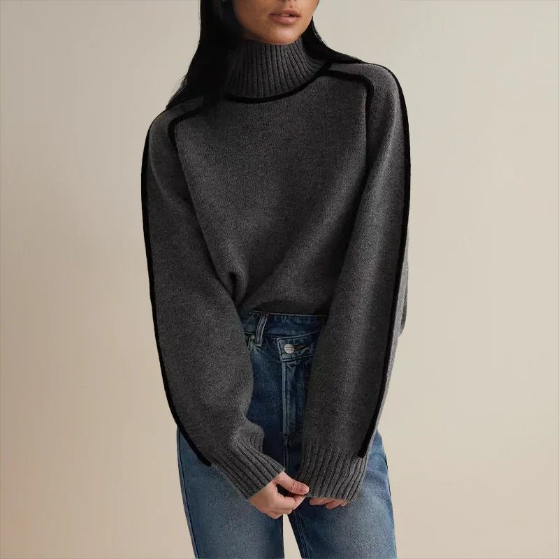 Women's Oversized Turtleneck Colourblock Knit Sweater