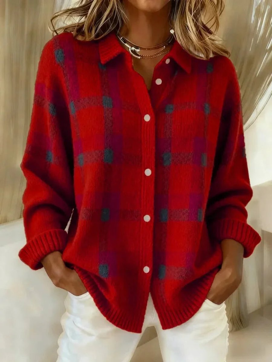 Women's Plaid Knit Button-Up Oversized Jacket Cardigan
