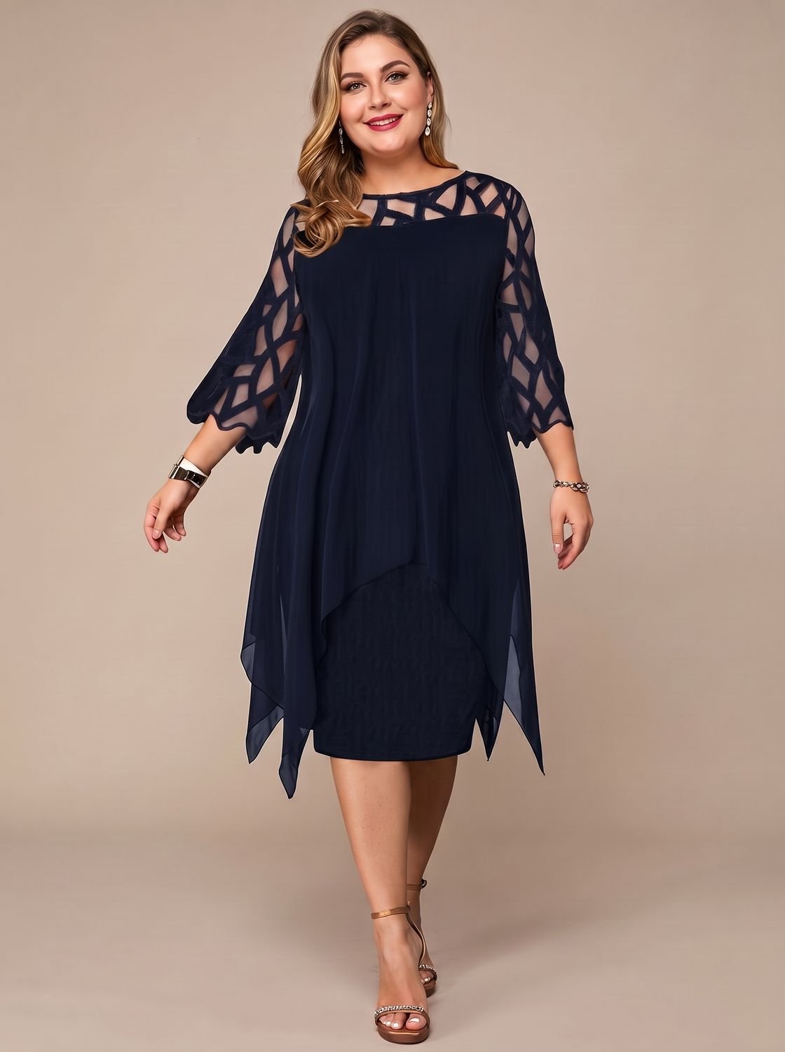 Women's Plus Size Lace-Yoke Chiffon Overlay Midi Dress
