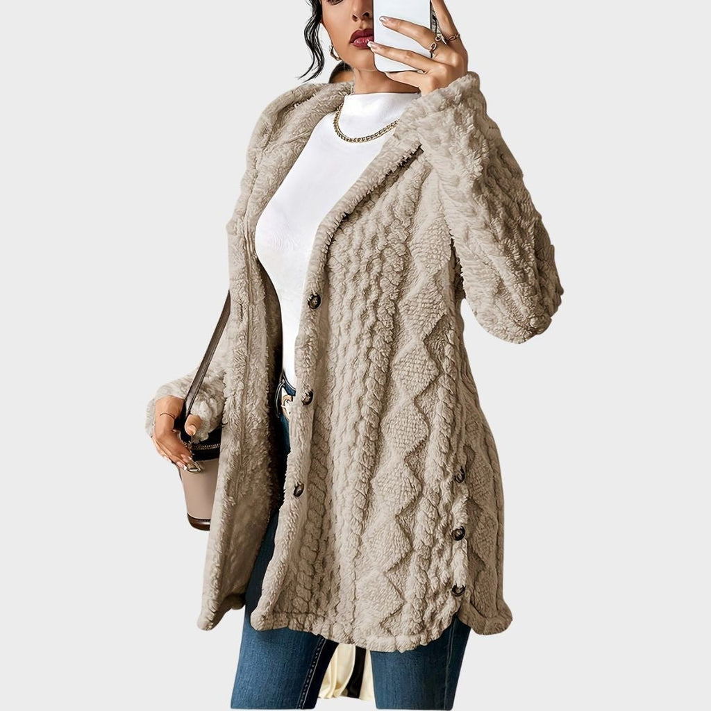 Women's Plush Hooded Button-Front Long Cardigan