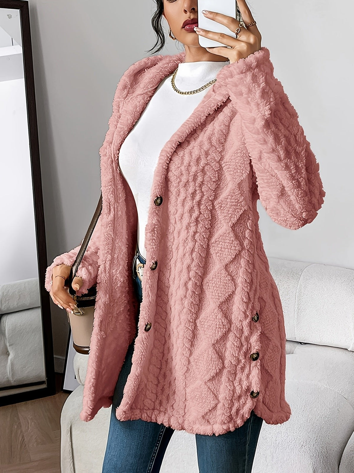 Women's Plush Hooded Button-Front Long Cardigan